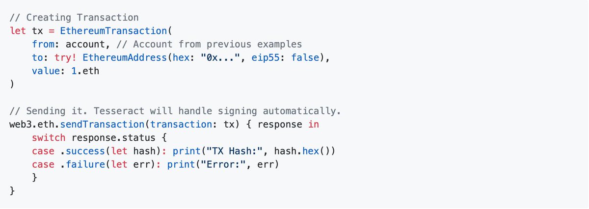 tesseract_one's tweet image. That's how you can send an #Ethereum transaction with Tesseract SDK.
No private key is required, the signing is handled by Tesseract.
Check it at: github.com/tesseract-one/…
#eos #cardano #tron
