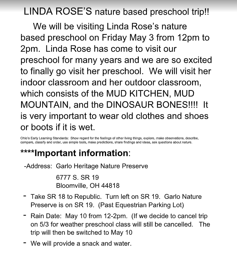 BESPreschool's tweet photo. Field Trip to Linda Rose's nature-based preschool on Friday, May 3 from 12:00-2:00.  We will visit her Mud Kitchen and Mud Mountain.  Wear old clothing!  See you on Friday!  @BESPreschool https://t.co/BL8P2VPswS