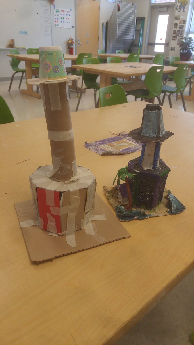 SilerMr's tweet photo. When procedures engage... 4th grade students were greeted in the hallway with a slip of paper and a crayon for their art's name tag and they responded, "Yes! We're doing paper maché!" They built the prism bases for their lighthouses! #recycledart #papermache #classroomprocedures https://t.co/dbuGp0C4MC