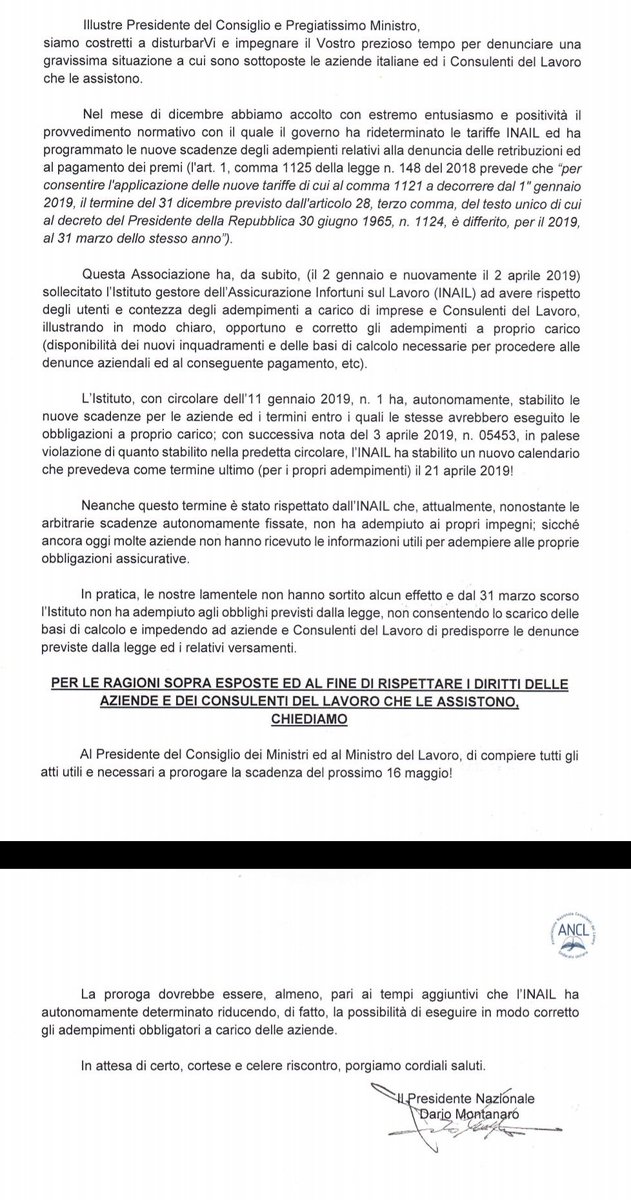 L'#INAIL non ha rispettato i termini imposti dalla legge di bilancio 2019 per l'aggiornamento delle basi di calcolo. L' autoliquidazione viene prorogata di circolare in circolare. L'#ANCL ha così deciso di scrivere ai massimi vertici del governo per far presente la problematica.