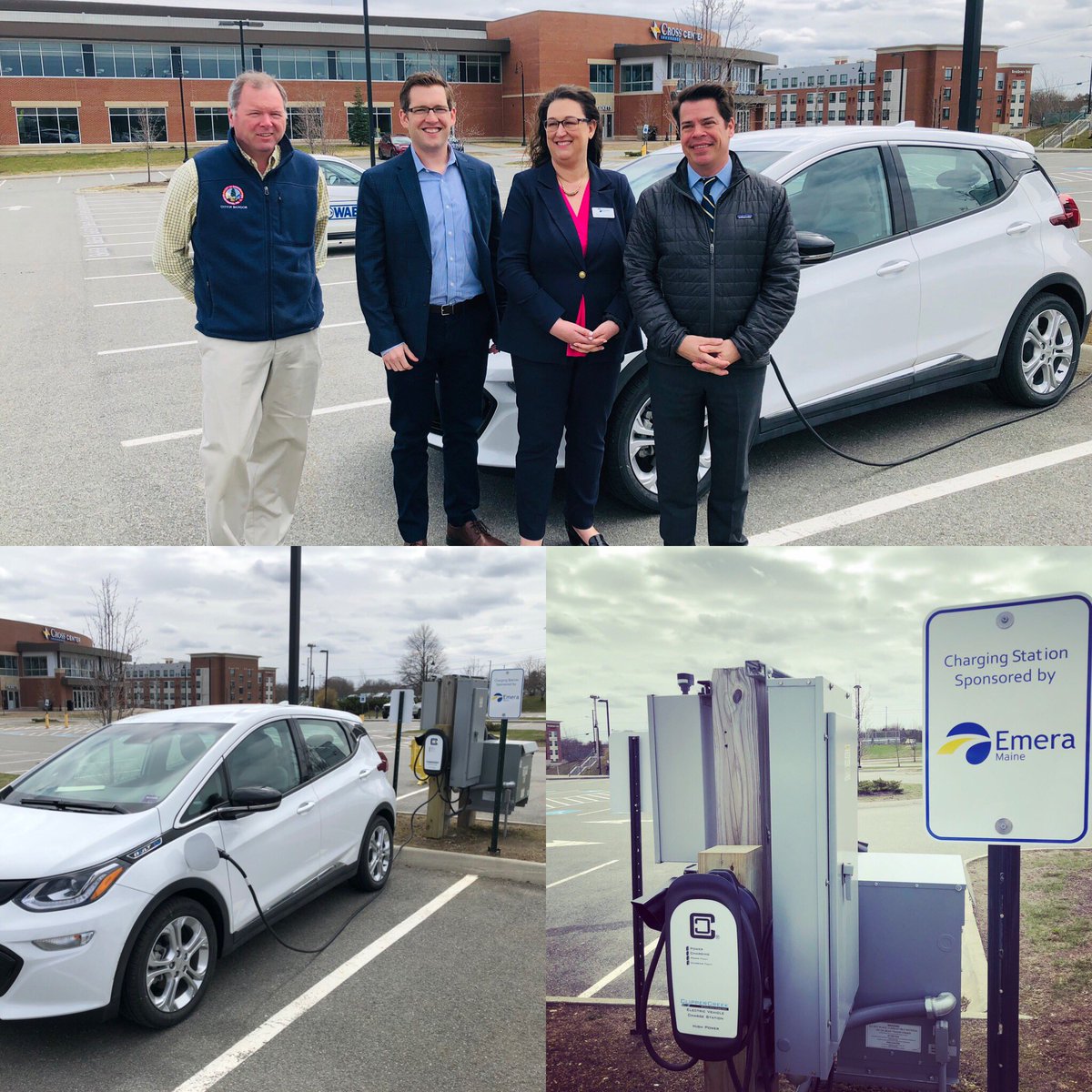 CityofBangorME's tweet image. Bangor’s newest electric vehicle charging stations were unveiled at @CICBangor today! Thanks to partnership w/ @emerame, the CIC has 2 EV stations for guests to use during visits. L to R: City Councilors Dan Tremble &amp;amp; Ben Sprague, Emera’s Kendra Overlock, &amp;amp; CIC’s Blake Henry.