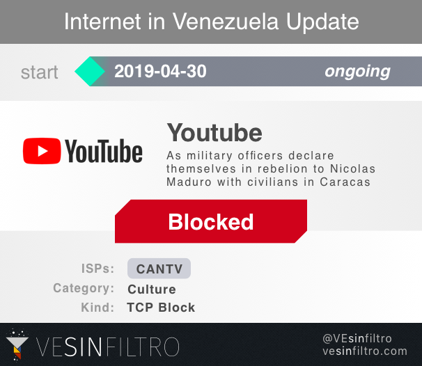 ReporteYa's tweet photo. #30Abr Bloquean acceso a YouTube a través del servicio de ABA Cantv.  

@vesinfiltro: We can confim @youtube is blocked in #Venezuela's state ISP #CANTV via #TCPblock affecting other google services #30Abr https://t.co/vXD4Cx7hH3 - @sntpvenezuela