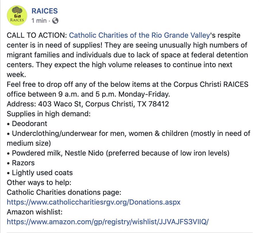 4. Catholic Charities of Rio Grande ValleyThey also have a shelter they run in Corpus Christi, and accept donations in kind, via amazon wishlist or in person.Wishlist:  https://www.amazon.com/gp/registry/wishlist/JJVAJFS3VIIQ/(If you have prime: FREE SHIPPING!)