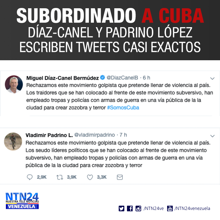 NTN24ve's tweet photo. El Ministro de Defensa de Maduro, Vladimir Padrino López y el mandatario de Cuba, Díaz Canel, escribieron un tuit casi exacto sobre los hechos en las últimas horas en Venezuela, lo que evidencia la alineación entre las políticas de Caracas con La Habana #30Abr https://t.co/S7Xe5A6hSk