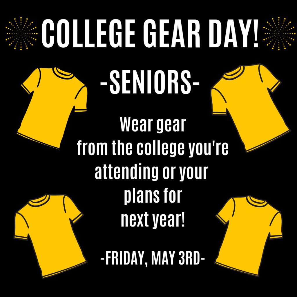 Chap2019's tweet photo. WEAR YOUR COLLEGE GEAR ON FRIDAY MAY 3RD! Let’s celebrate this exciting transition together! https://t.co/yPgF5MmSxA