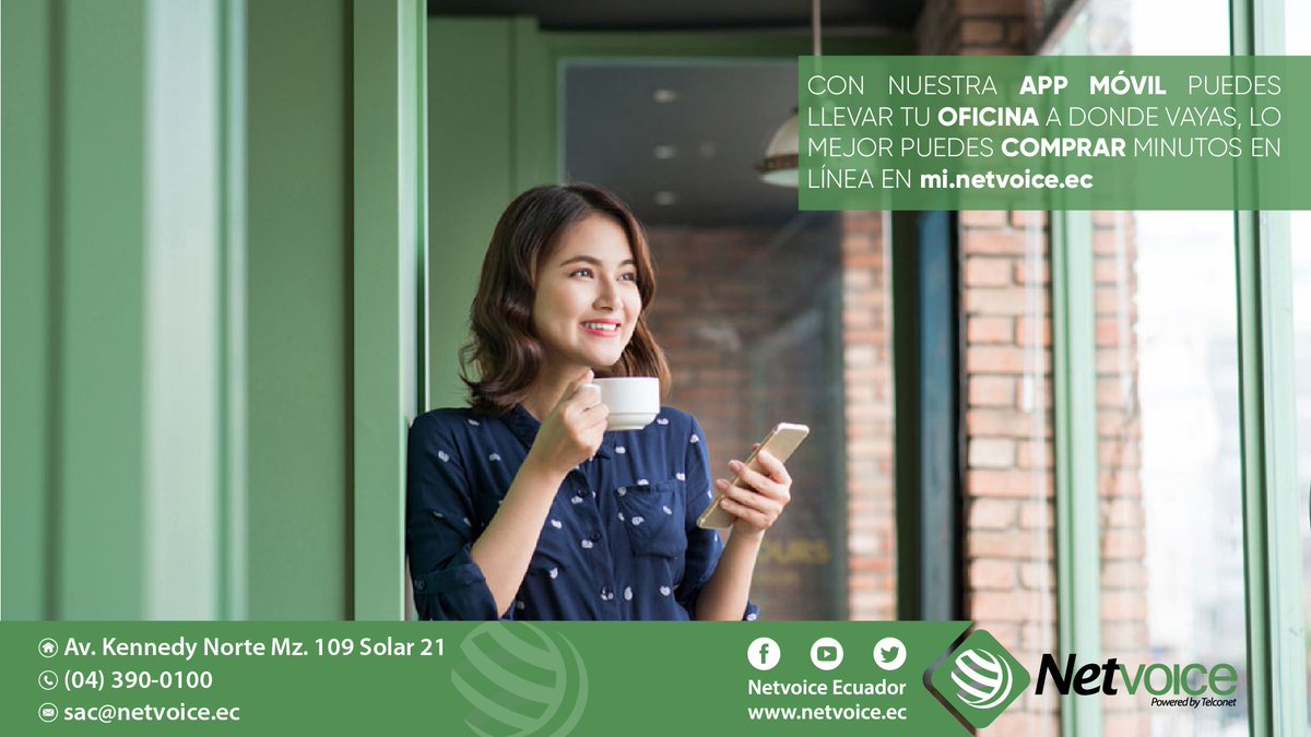 NetvoiceEcuador's tweet photo. Con nuestra App móvil puedes llevar tu oficina a donde vayas, lo mejor puedes comprar minutos en línea en: https://t.co/3i7wj687Nr
#LaMejorTelefoníaFija #AppMóvil #CloudPbx #TelefoníaEnLaNube #NetvoiceEcuador #PoweredByTelconet https://t.co/sIjExGTUIm