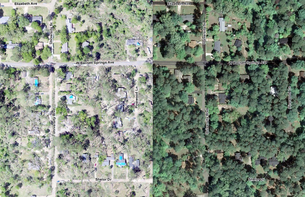 aubiej105's tweet photo. these are before and after pictures of some areas that were hit in the Ruston tornado.
almost a week later and we are still seeing damage from new viewpoints.
the first picture is of my old neighborhood. my old house has part of the roof missing.
#rustonstrong #RustonTornado https://t.co/zu5XxizM0b