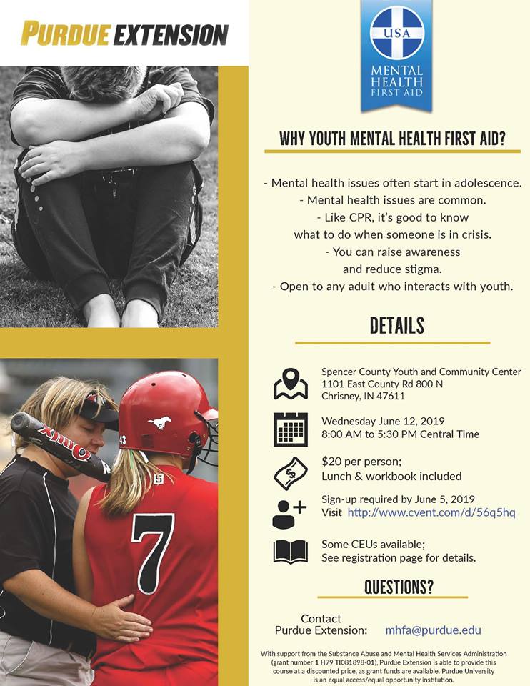 VanderburghExt's tweet image. Please join us for this Youth Mental Health workshop on Wednesday June 12 to learn more about your role in the mental health of our youth. Youth mental health first aid is for any adult who interacts with youth (including parents).