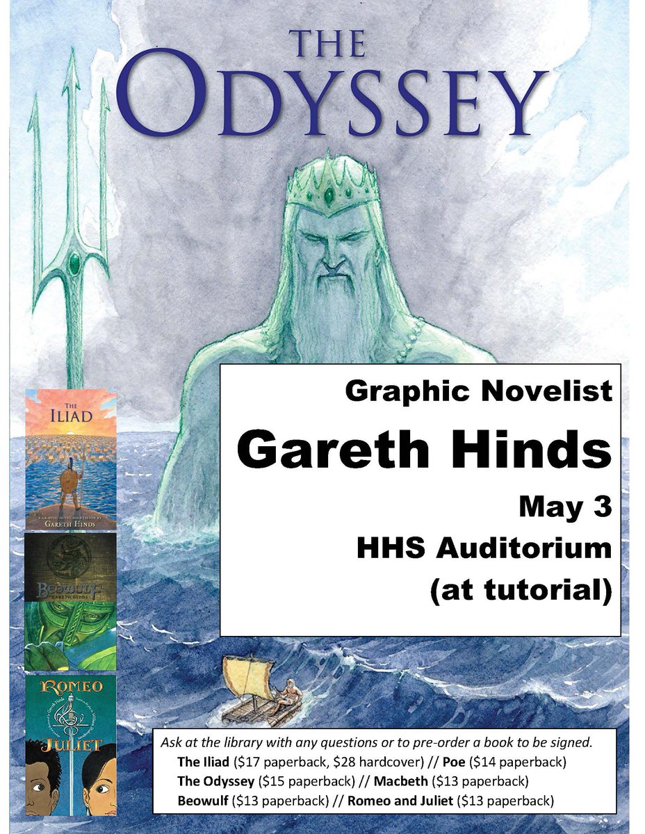 HHS_lib's tweet photo. Graphic novelist GARETH HINDS is speaking Friday, May 3 during tutorial in the auditorium. Everyone is welcome! Come to the library with any questions or to pre-order a book! https://t.co/ilYTuVU1Ue