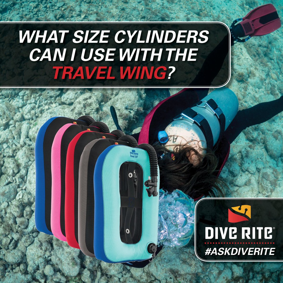 The Travel Wing can be used with a single AL80 (12L) cylinder with an additional ballast weight not exceeding 16 lbs.
-
#scubadiving #girlsthatscuba #oceandiving #reefdiving #diverite