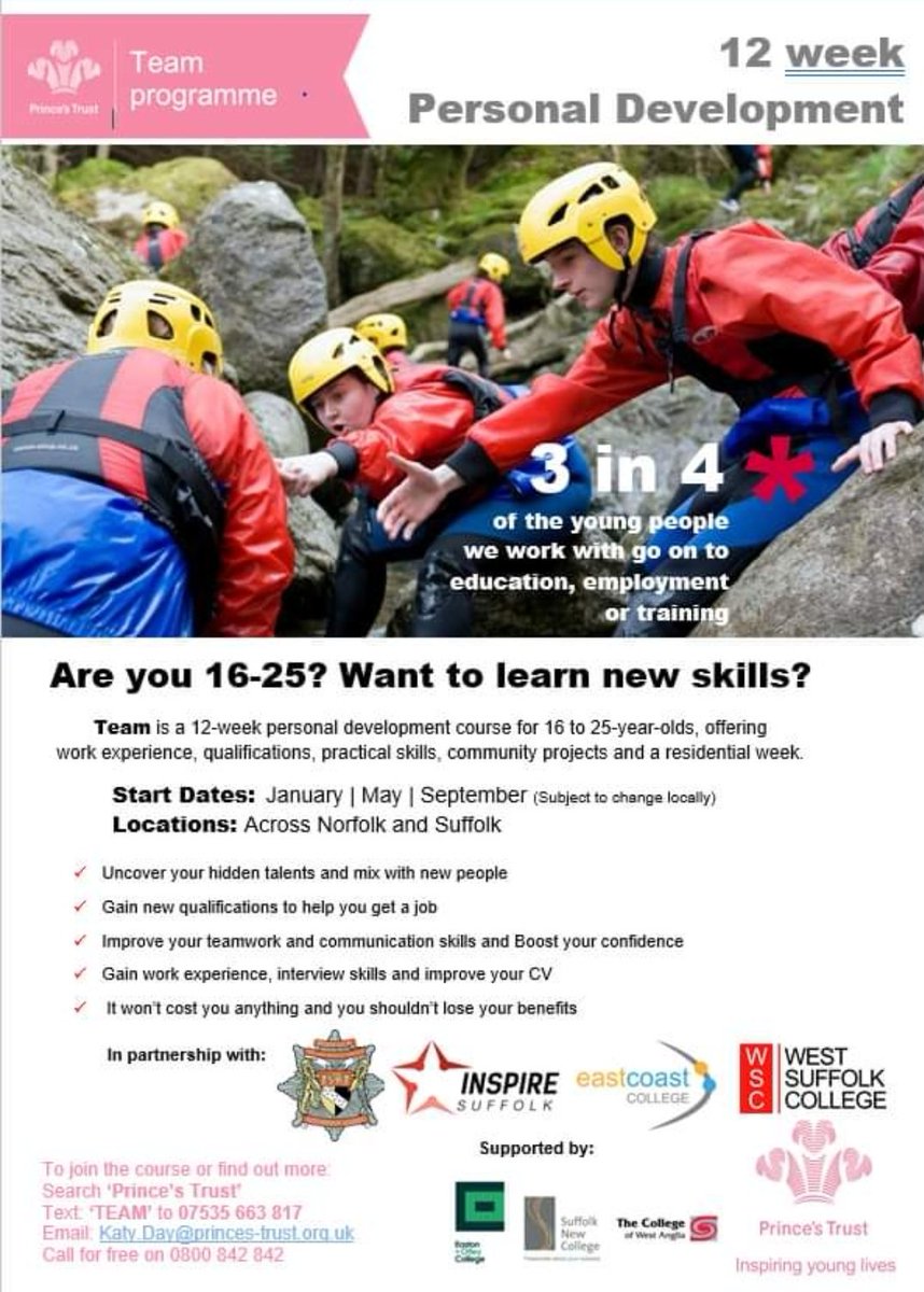 16 - 25 and Unemployed?? 
Why not try our Team programme?
Gain skills and get qualifications! We run these across Norfolk, with the next programmes starting soon.
Get in touch to find out more! @EDP24 @mapyoungpeople @PrincesTrust @Norfolkfire @YABNwch @derehamtimes @WSTimes24