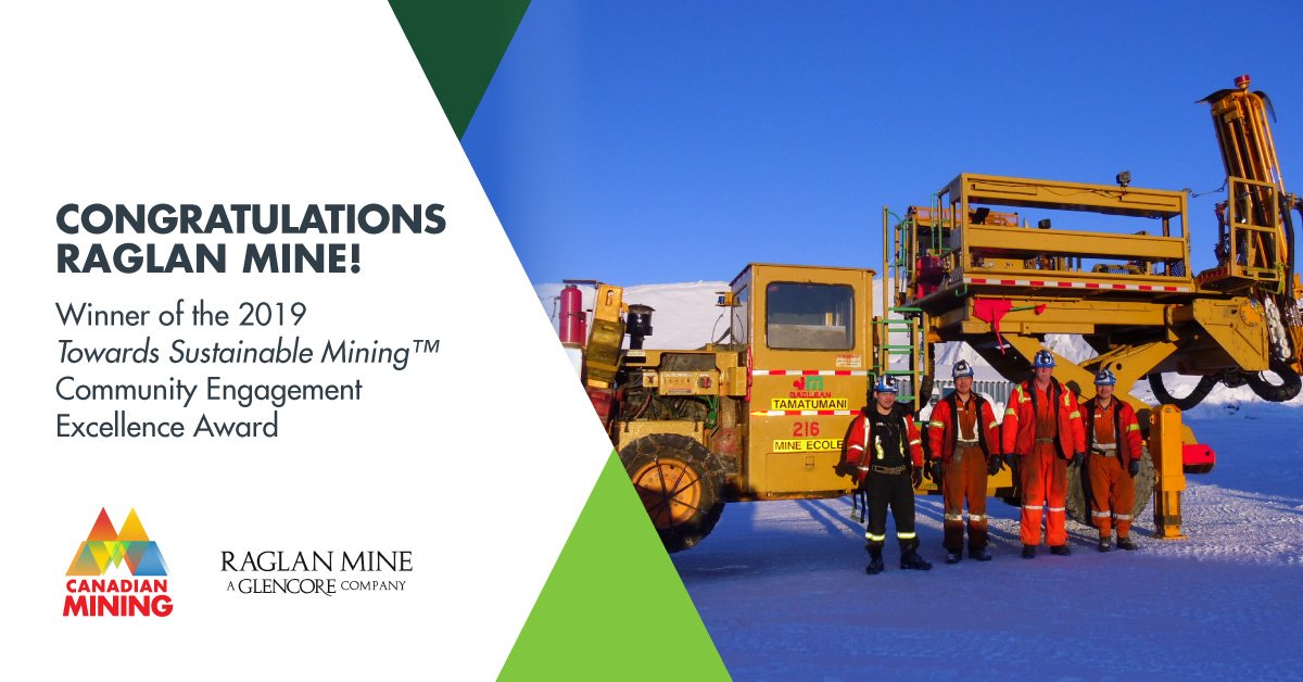 theminingstory's tweet photo. MAC is pleased to recognize the Tamatumani Program at @Glencore's Raglan #Mine with its TSM Community Engagement Excellence Award in recognition of the work being done in empowering local #Inuit communities, an essential part of the mine's success #CIMTL19 https://t.co/lnHYSrMDOM https://t.co/n8m2TVJiGG
