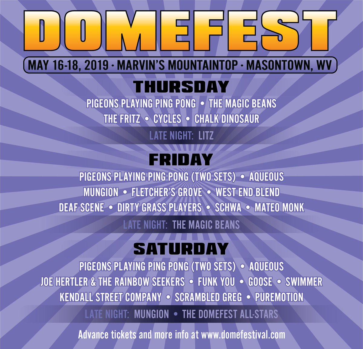 phantasytour's tweet photo. We're giving away a GA ticket to Domefest on May 16-18 featuring @pigeonsplaying, @AqueousBand, @themagicbeans, @FunkyLitzMusic, @mungionband, @joehertler and many more. https://t.co/nAN3yx11EB #domefest #pppp #phantasytour #freetix https://t.co/0N9yv4JPiG
