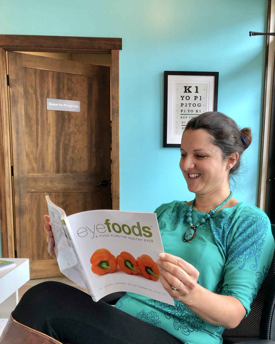CanmoreEyecare's tweet photo. Dr. Jo taking a few moments to read Eyefoods: A Food Plan for Health Eyes by Dr. Laurie Capogna, OD., available @canmoreeyecare. What nutrient rich, eye healthy foods will be part of your meals today? #eyefood #healthyeyes https://t.co/nIU2MkeL6l