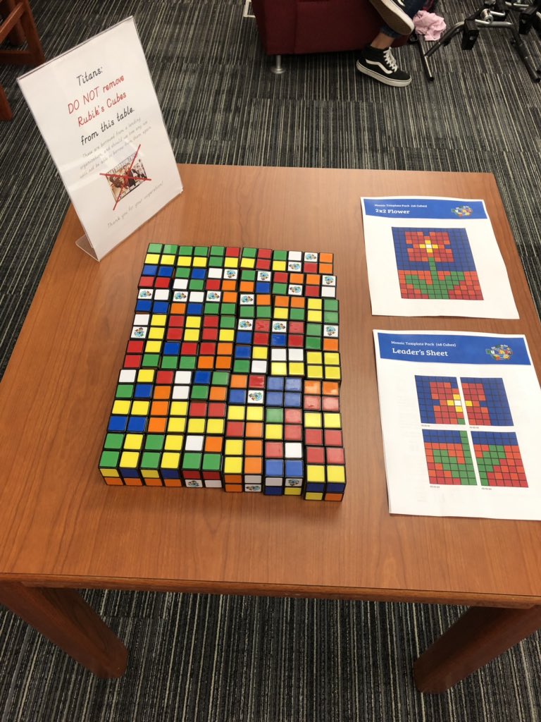 TitanLibrary2's tweet photo. Can you #dothecube? We have our first ever set of Rubik’s Cubes from @YouCanDoRubiks! Come check it out and try to create images using Rubik’s Cubes! Note: The library asks that you NOT remove cubes from the table. @Cen10titans https://t.co/dHPBD6Ulel