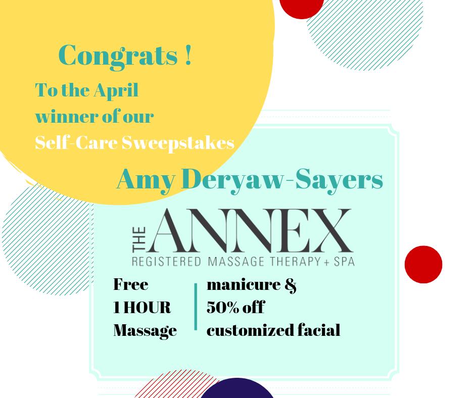 Congratulations Amy Deryaw-Sayers! You have won our April SELF-CARE Sweepstakes!

Stay tuned for our next Self-Care draw - An Essential Oil Diffuser Necklace.