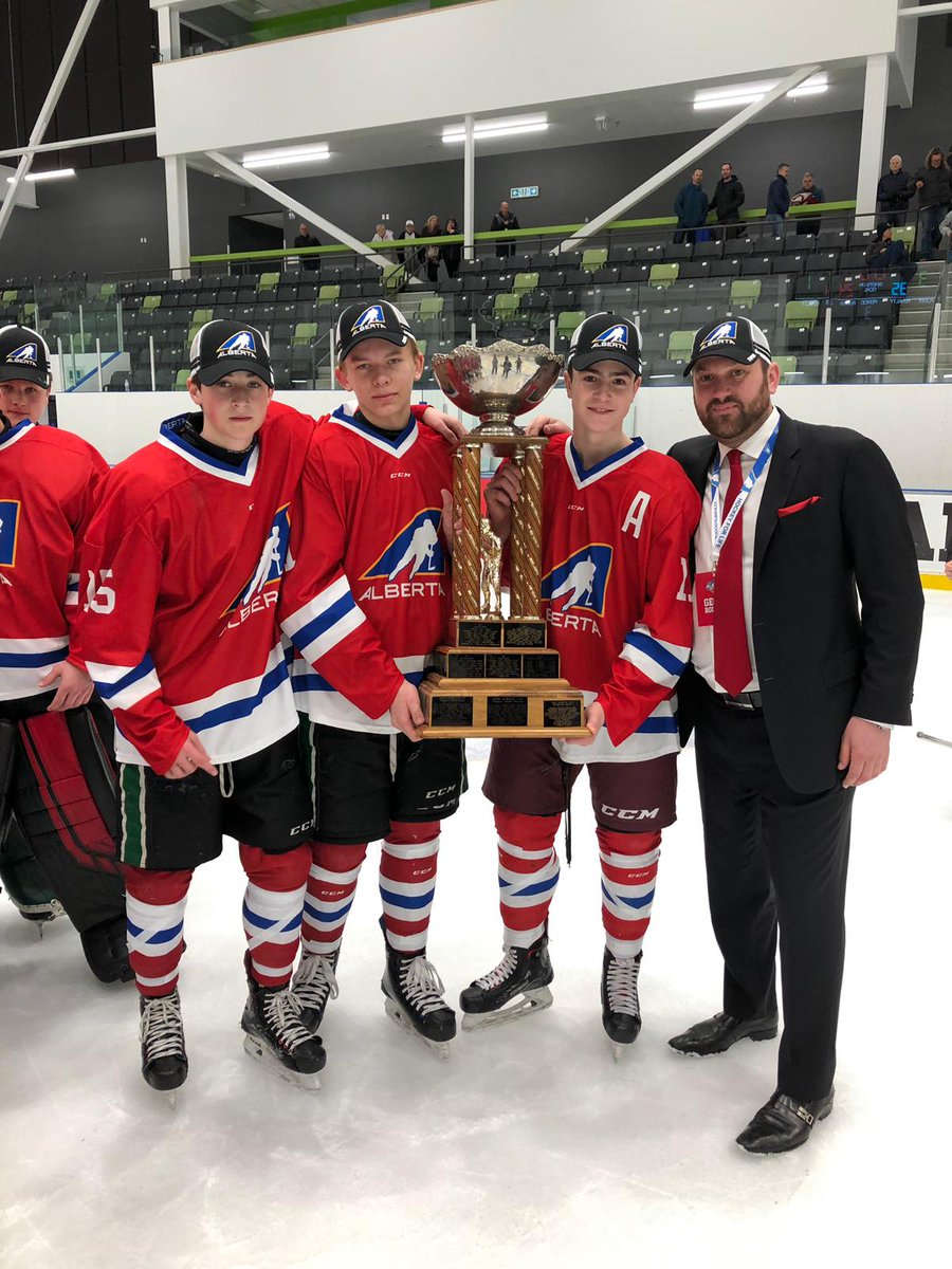OOAA_Hockey's tweet photo. Congratulations to @geoff_grollins @Watty_91 Gavin Schmidt and Hayden Pakkala on the win at the #ABCUP19! You make #OkotoksProud https://t.co/XjrWxd70yv