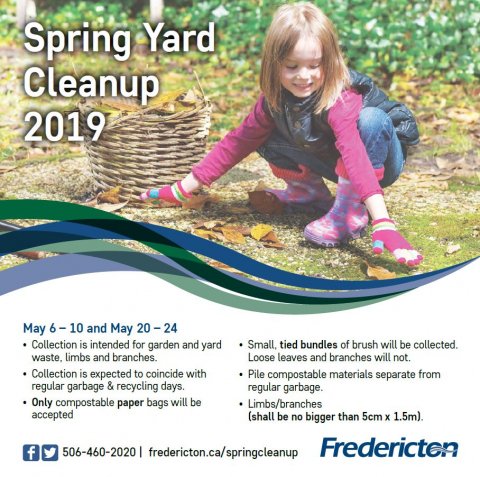 The City's "Spring Yard Cleanup" program will be held during the weeks of May 6-10 &amp; May 20-24.
The cleanup is intended to collect garden and yard waste, as well as limbs and branches and is separate from the Flood Debris Pickup Program.  Details here: fredericton.ca/en/news/city-h…