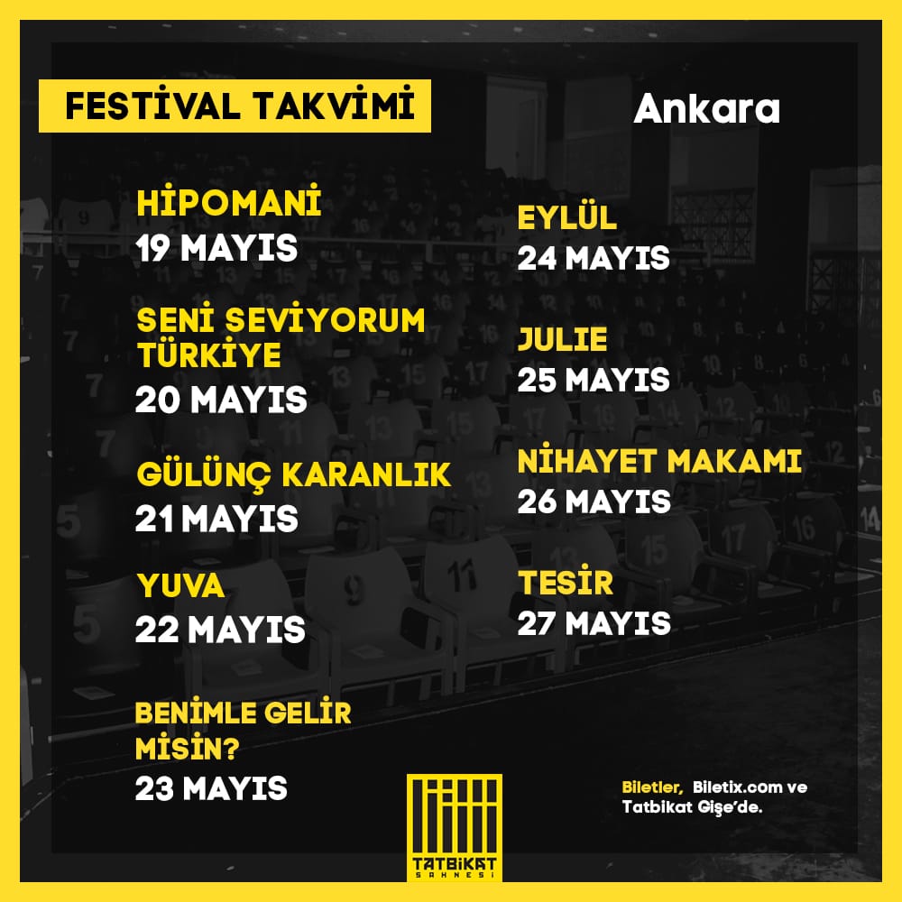 Tatbikat Sahnesi; kuruluşunun 6. yılını tamamlarken, kuruluş amacını daha da ileriye taşıma isteğiyle bu yıl 19-27 Mayıs tarihleri arasında ilkinin düzenlendiği Tatbikat Sahnesi İstanbul Oyunları Festival’ini sunar. Biletlere, Biletix.com'dan ulaşabilirsiniz.