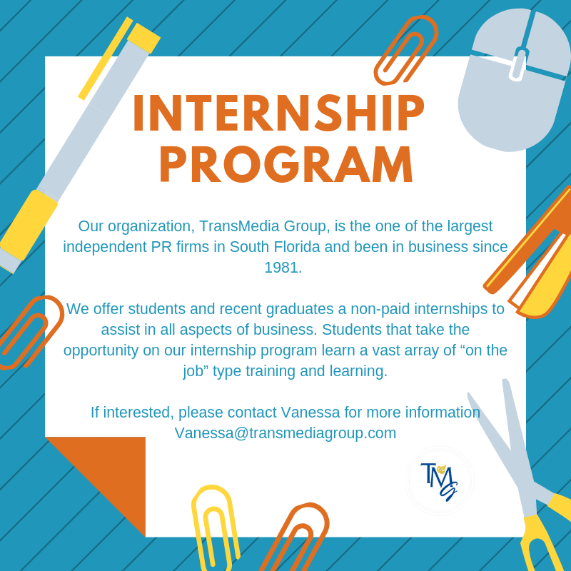 TransMediaGroup's tweet photo. Are you or someone you know looking for an internship? Contact us today! #transmediagroup #internship https://t.co/O6STGVoWYq