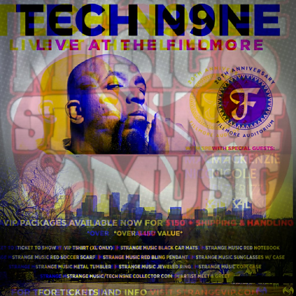 DNugg1527's tweet photo. In about 2 weeks TECH N9NE'S It Goes Up Tour takes over the Fillmore auditorium in Denver, Colorado Friday May 17th and Saturday May 18th get your tickets now at https://t.co/9kIZ3VH7Wc before it's too late #ItGoesUpTour #techn9ne #strangemusic #milehighcity #DenverStrangeHelpers https://t.co/bi7Mg16hZr