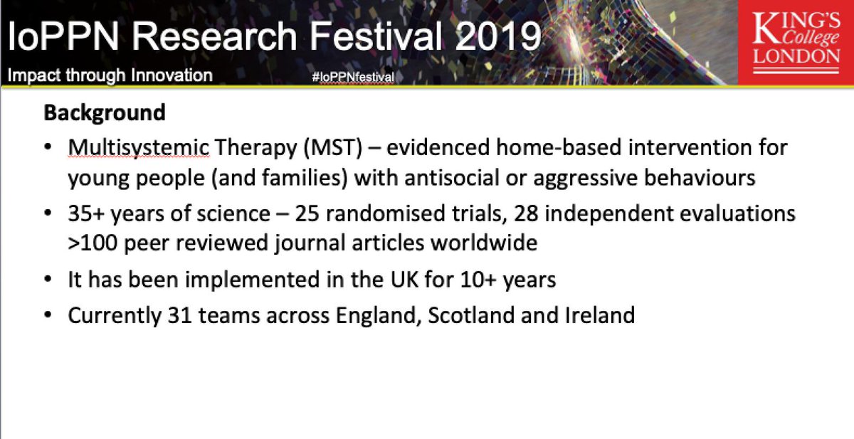 Our next speaker is Dr Simone Fox (not on Twitter) "The impact of qualitative research in multisystemic therapy for young people at risk of care or custody” #IoPPNfestival