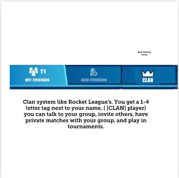 FNConcepts's tweet image. Fortnite Clan System Concept!

👍Or👎

#Fortnite

(by u/Schmidty_)