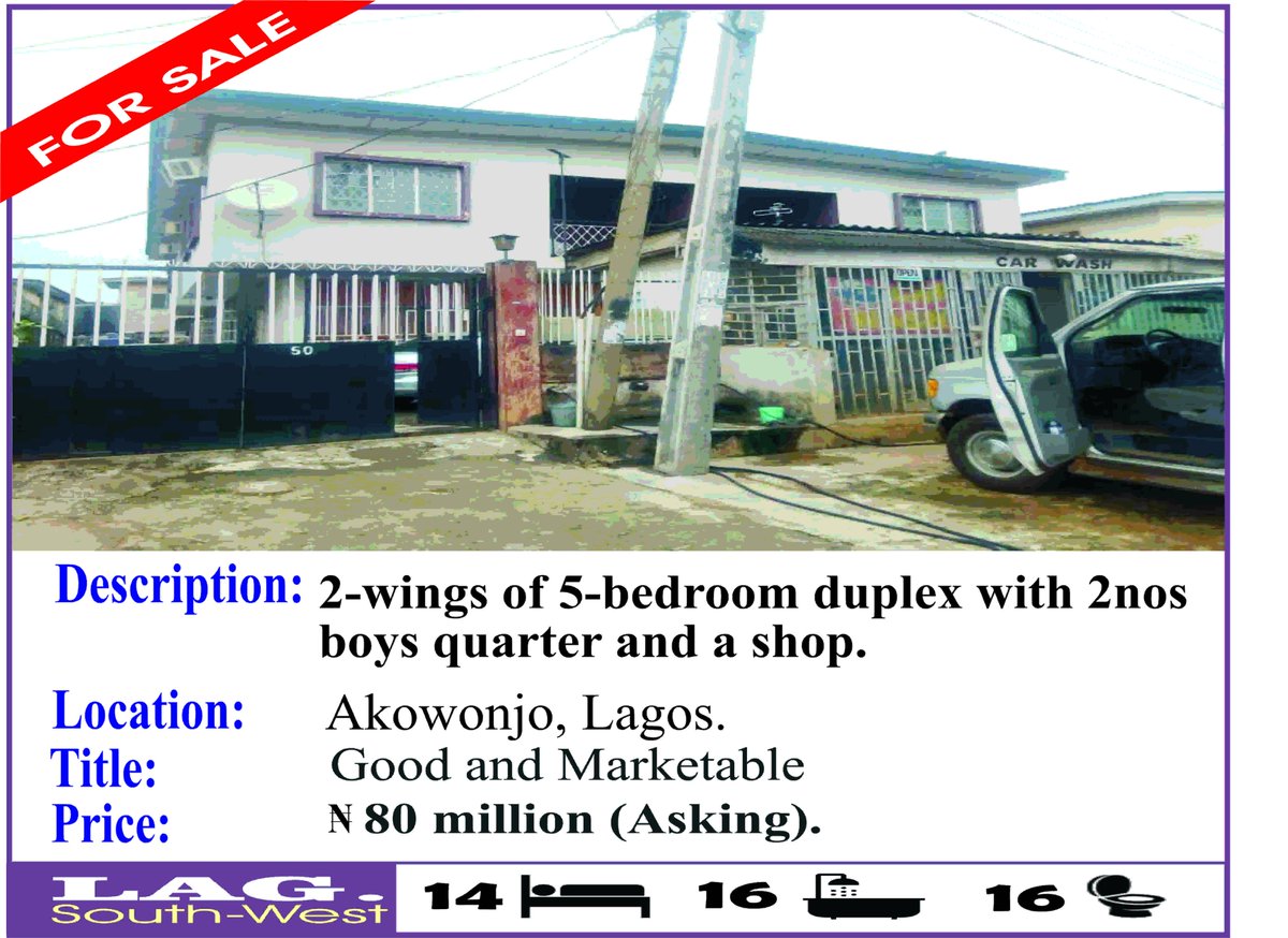 Una_Associates's tweet photo. FOR SALE
2-wings of 5-bedroom duplex with 2nos boys quarter and a shop located at Akowonjo area of Lagos.

Price: #80Million (Asking)

For viewing, kindly call: 08024926700, 08162062457, 08054464336, 08181759842 https://t.co/9GUGD0e7pO