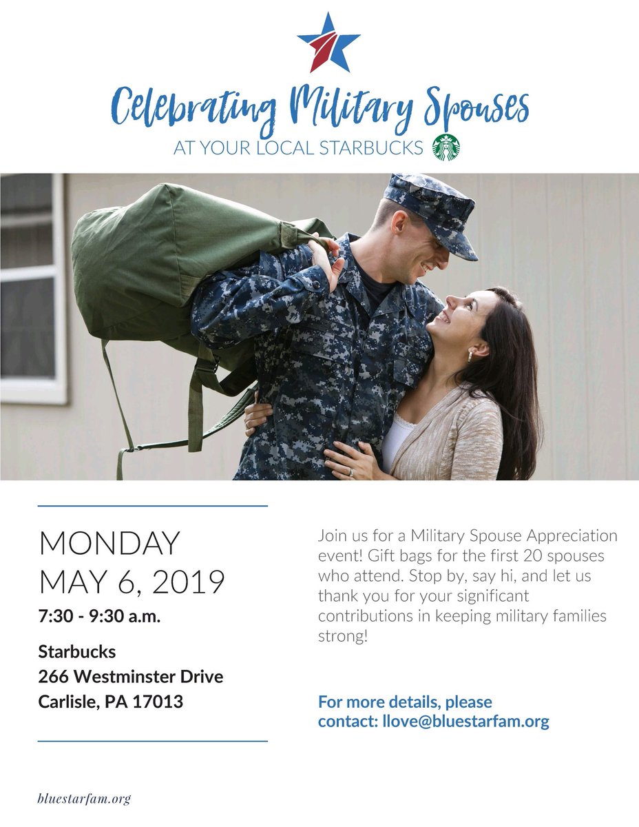 Join us at the Carlisle Military Family Starbucks on May 6th to share our appreciation for Military Spouses from 7:30 am to 9:30 am! <a href="/BlueStarFamily/">Blue Star Families 🇺🇸</a>
<a href="/PSPTroopHPIO/">Trooper Megan Frazer</a> <a href="/JMichaelsNews/">Justin Michaels</a> <a href="/TrudiOteri/">Trudi Oteri</a> <a href="/521gemini/">Nikki</a> <a href="/NortheastAFN/">Armed Forces Network-Northeast</a> @TimGrever <a href="/valerio_tom/">Tom Valerio</a> <a href="/erika_mcintire/">Erika McIntire</a>