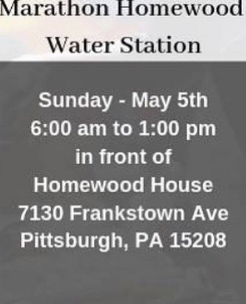 OBBlock's tweet photo. The @PGHMarathon is this Sunday! Join your #OBBCrew at the Homewood House (water station) as we cheer on the runners! We’ll be there at 6A for set up! Come through and support! #OperationBetterBlock https://t.co/qsVTxvCLte