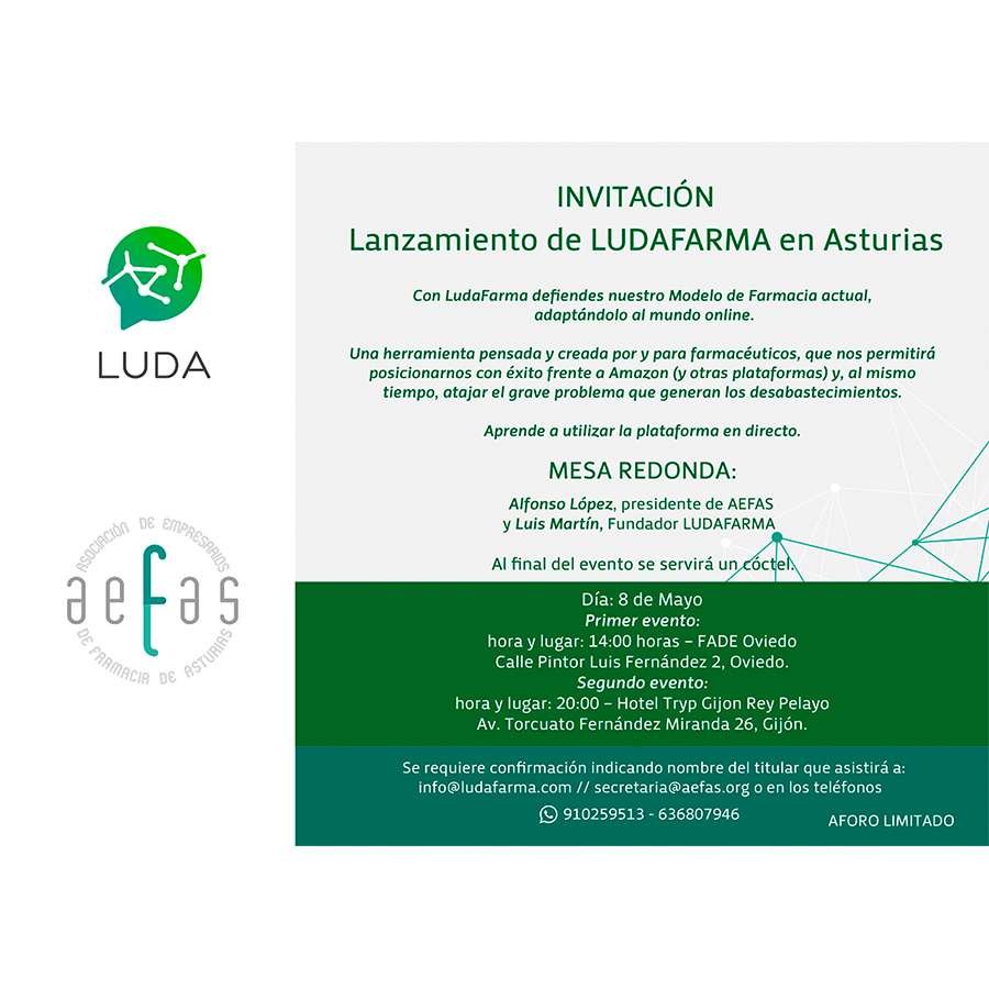 LudaPartners's tweet photo. ¡Os invitamos al Lanzamiento de LUDAFARMA en Asturias!
8 de mayo: 14:00 horas en FADE Oviedo y 20:00 horas en Hotel Tryp Gijón Rey Pelayo.
Confirmación 💻info@ludafarma.com/secretaria@aefas.org 📞910259513-6368079346
#Luda #AEFAS #LUDAFARMA #EventosAsturias #EventosLudaMayo https://t.co/dJe9GMxkQ9