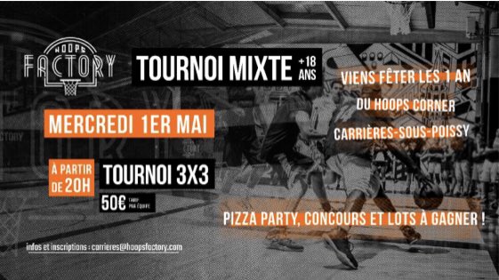 Pour fêter son 1er anniversaire 🎂🎉🎊 #HoopsCorner de #CarrieressousPoissy organise un tournoi #Basket #3x3 mercredi 1er Mai à partir de 20h 🔥🏀 #BasketFamily78 <a href="/Hoops_Factory/">Hoops Factory</a> <a href="/ville_carrieres/">Ville de Carrières-sous-Poissy</a>