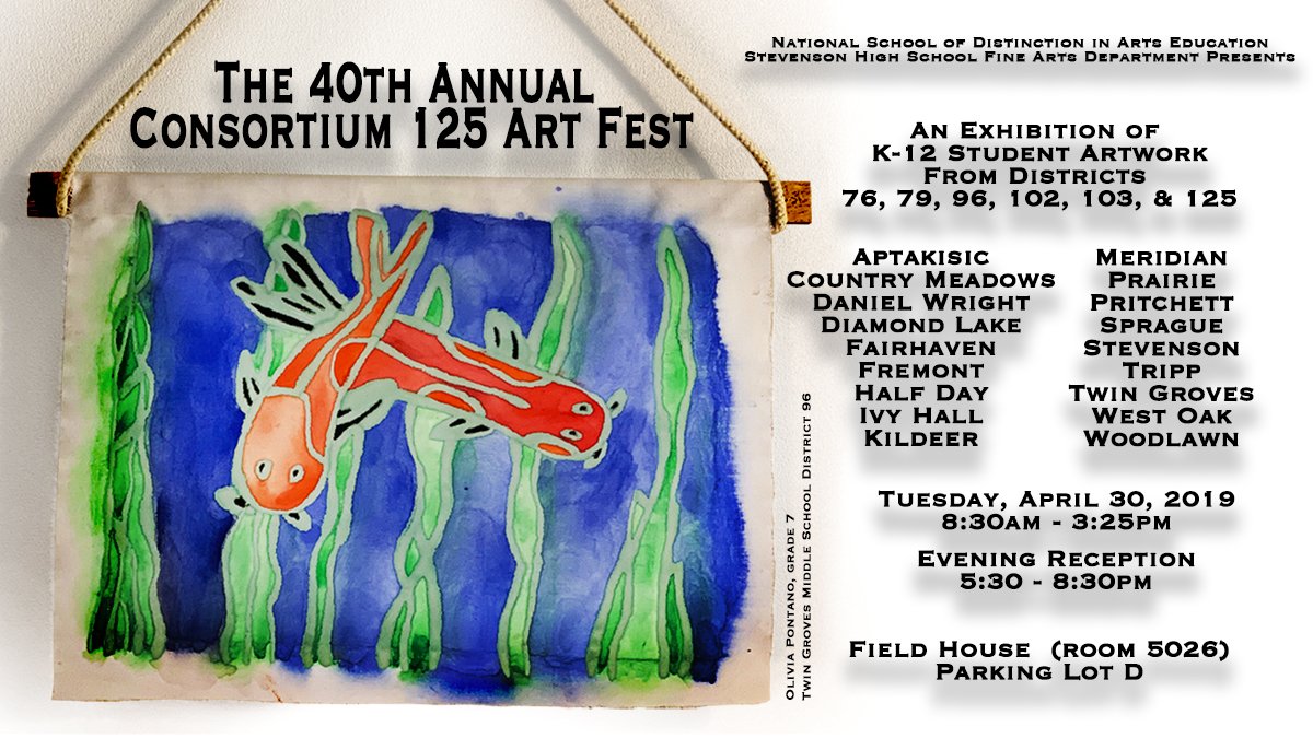 stevensonhs's tweet photo. Tonight at Stevenson!
The public is invited to an exhibit of K-12 student artwork from @D102Meridian @AptakisicTripp @KCSD96 @District103  @DLDistrict76 @FSD79 and @SHS_FineArts @stevensonhs. Be sure to see the #EmptyBowlsProject with ice cream and Bright Lights Candle Company! https://t.co/F90bzfrEiN