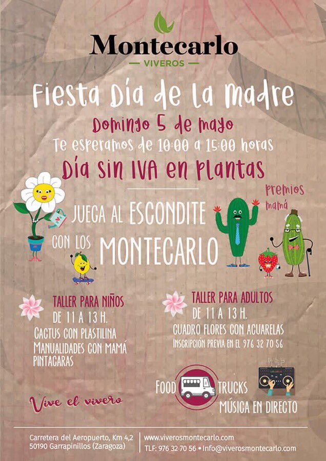 ViveMontecarlo's tweet photo. El próximo domingo de 10 a 15 h. celebramos el #DíaDeLaMadre.Talleres para niños, taller de flores con acuarelas para adultos, food trucks, música y DÍA SIN IVA en plantas. Además, hemos preparado un juego de #escondite, podréis buscar por el vivero "Vales" para canjear. https://t.co/cxgGUROqcv