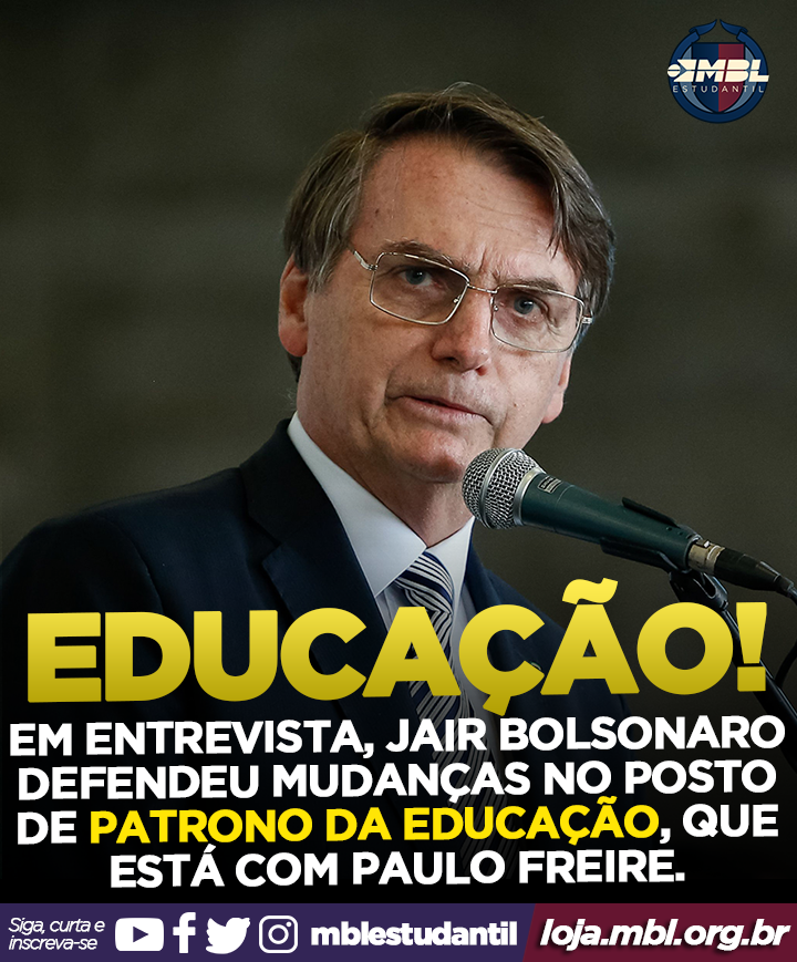 MBLestudantil's tweet photo. "Quem sabe nós temos uma patrona da educação, não mais um patrono muito chato. Não precisa falar quem é, que temos até o momento, que vai ser mudado. Estamos esperando alguém diferente", disse o Presidente em entrevista na abertura da Agrishow.
#mble #mblivre #mbl #educação https://t.co/6s0YueEVOP