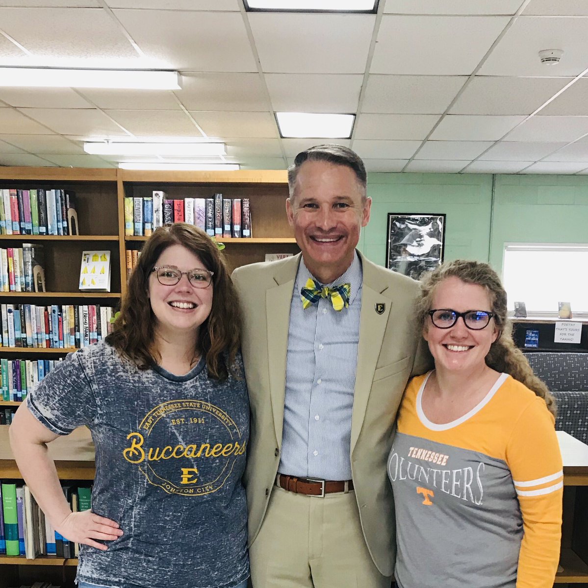 TheTHSLibrary's tweet photo. ETSU President Brian Noland visited ETSU graduates at school today. Ms. Sauceman received her BA &amp; M. Ed. there and Ms. Hayes her M. Ed. #CollegeSigningDay https://t.co/vlfTKIEhUU