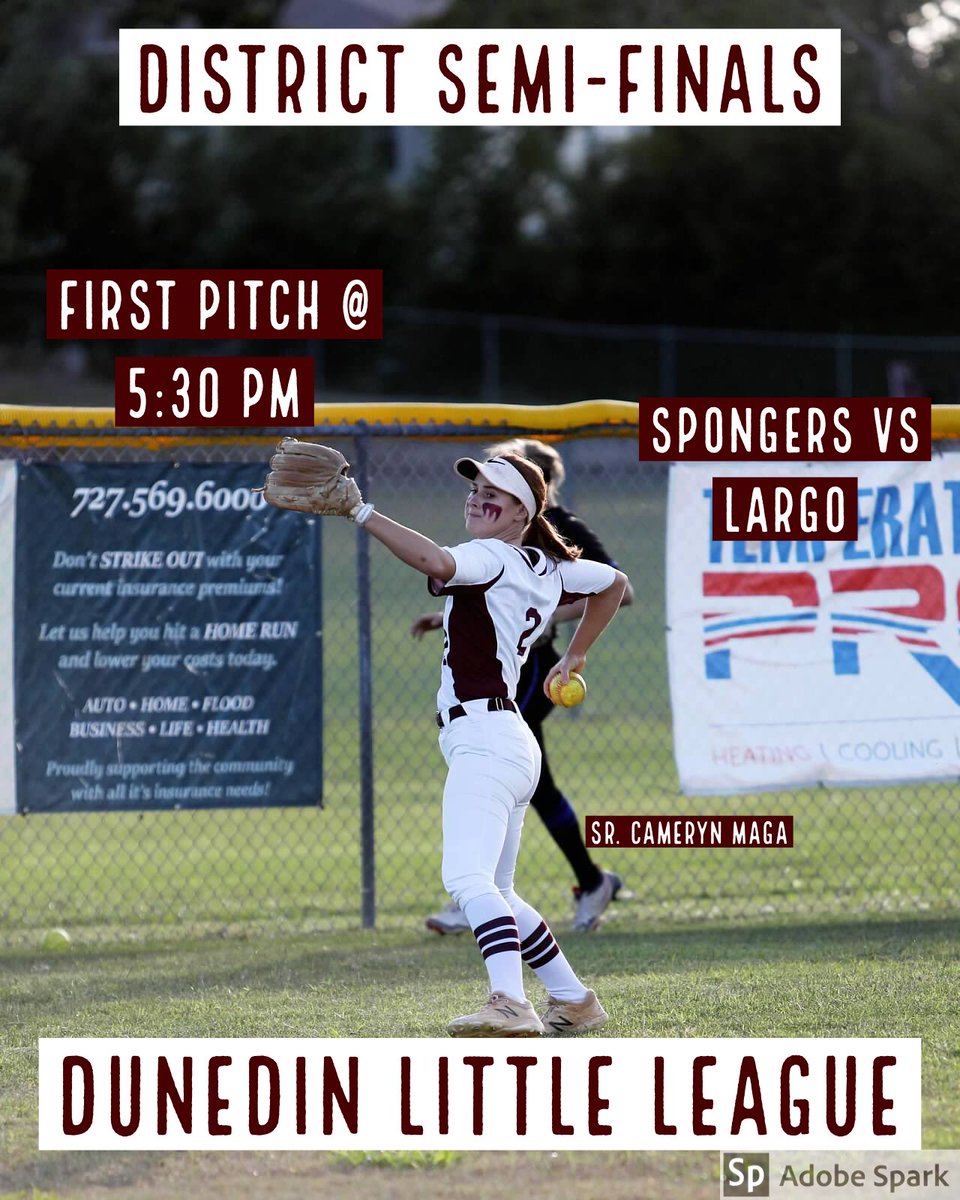 Good Morning, it’s game day!! Your Lady Spongers head into 6A District 9 semi-finals against Largo. First pitch is at 5:30 pm at Dunedin Little League. Come out and support your Lady Spongers!! #SpongerNation #OneTeamOneDream