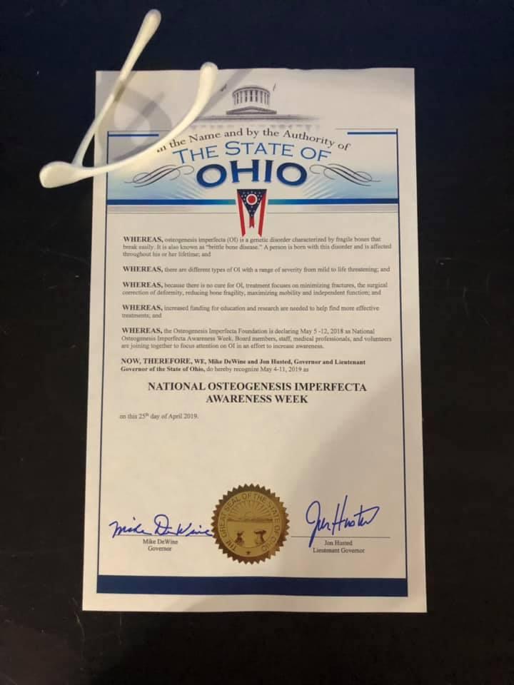 OI Foundation (@oifoundation) on Twitter photo Thank you Governor <a href="/MikeDeWine/">Mike DeWine</a> for proclaiming May 4-11, 2019 as National OI Awareness Week in the state of Ohio! #UnbreakableSpirit #SHAREforAWARENESS Thank you Governor <a href="/MikeDeWine/">Mike DeWine</a> for proclaiming May 4-11, 2019 as National OI Awareness Week in the state of Ohio! #UnbreakableSpirit #SHAREforAWARENESS