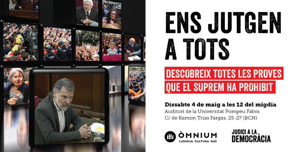 omnium's tweet photo. ⚖️ El pròxim dissabte vine i descobreix totes les proves que el Tribunal Suprem ha prohibit en el Judici a la Democràcia 🤐

📅 4 de maig
⏰ 12 h
📍 C/ de Ramon Trias Fargas, 25 - 27 (Univ. Pompeu Fabra - Barcelona)

#JoAcuso https://t.co/hZy5sVFVc2