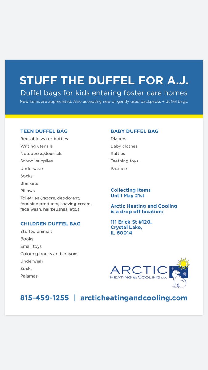 cranberries95's tweet photo. Arctic Heating & Cooling is a drop off location for Stuff The Duffel in honor of AJ. Stop by and say Hi! #LetItBeUs #StuffTheDuffelForAj #CrystalLake https://t.co/m9kYgO242i