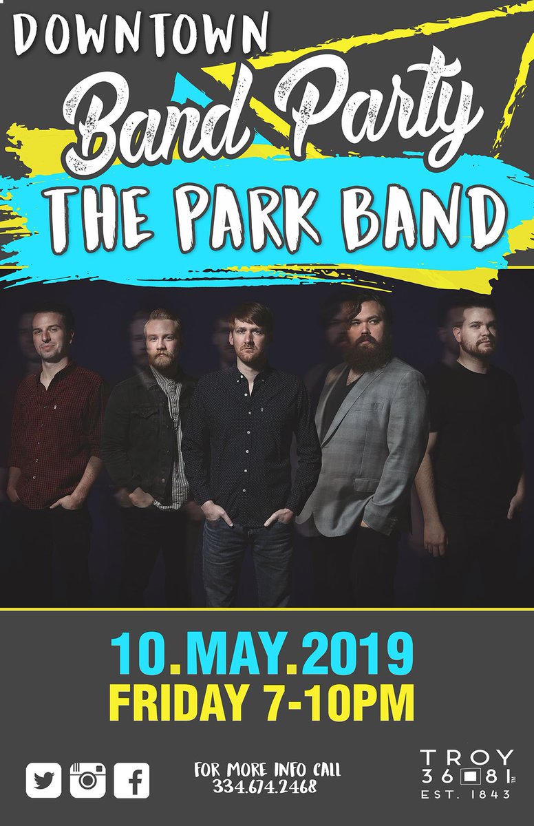 The Park Band in Downtown Troy Friday May 10th! 
<a href="/TheParkBand/">The Park Band</a> #36square81 #downtowntroyalabama
