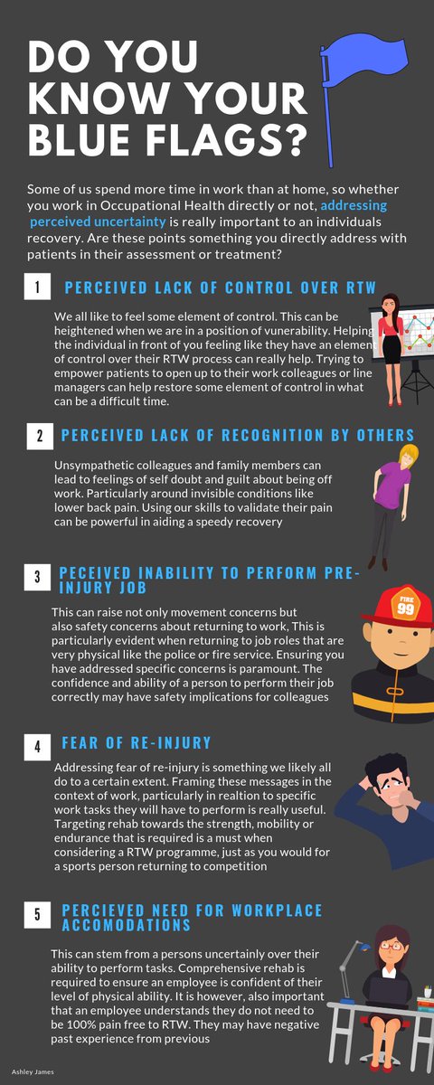 ashjamesphysio's tweet photo. Do you know your Blue Flags? https://t.co/sG1dRkYp7W

Whether you are in Occ Health directly or not addressing perceived uncertainty towards RTW can help make the process more successful for patients. 

Work can be a big part of people's lives &amp; it should be reflected in our Ax https://t.co/nyJ3dmR2Zr
