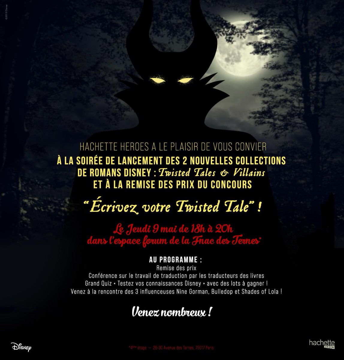 hachetteheroes's tweet photo. Hachette Heroes a le plaisir de vous convier à la soirée de lancement des Twisted Tales 📕 et des Disney Villains 📘 et à la remise des prix du concours "Ecrivez votre Twisted Tale"🏆. 
Nous vous attendons nombreux le jeudi 9 mai à la Fnac des Ternes à Paris (18h-20h) ! https://t.co/c0S14jdU1x
