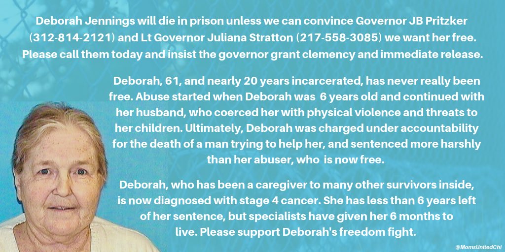 MomsUnitedChi's tweet photo. This Sunday weβll uplift #DebJennings at the #IncarceratedMomsDay vigil. Today we ask you to contact @LtGovStratton & @GovPritzker to insist they grant clemency & immediate release. Deb is a survivor who should never have been charged, but there is still time for mercy #FreeDeb https://t.co/yzr6PqfER4