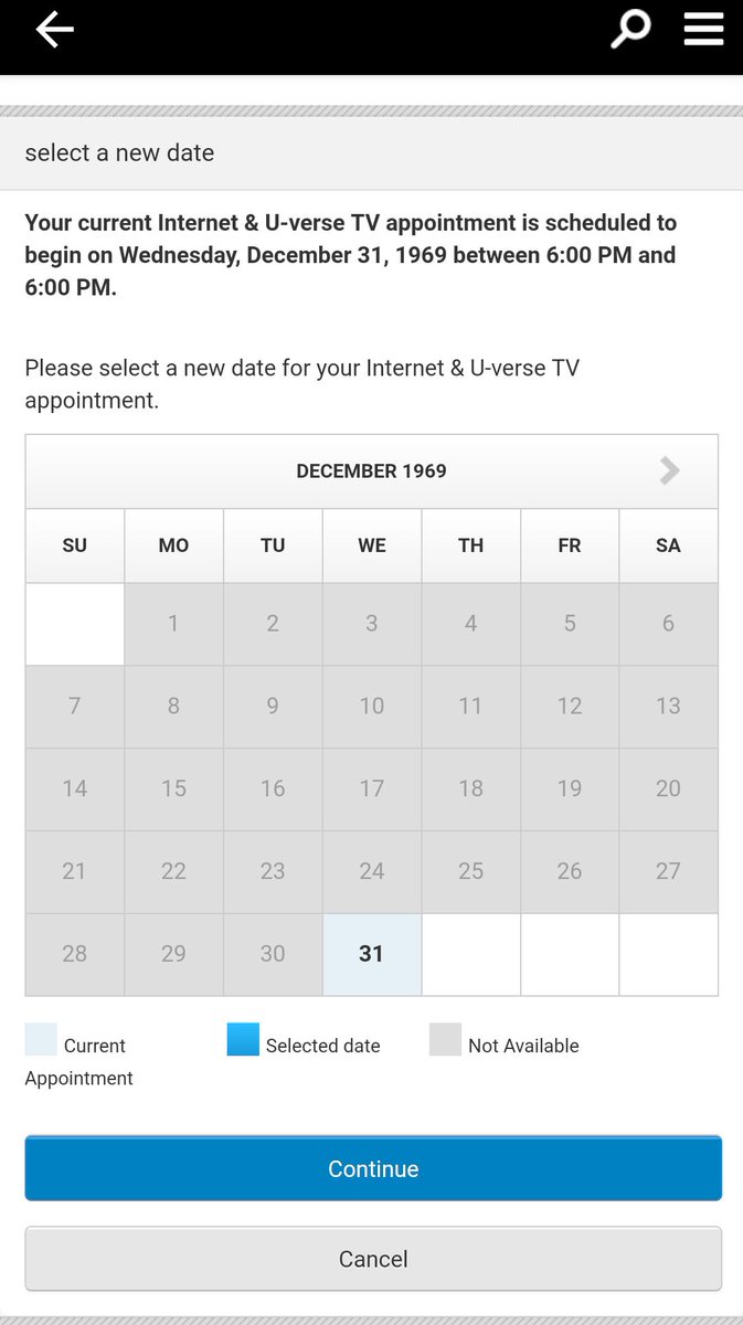 replytojain's tweet photo. @ATT the idea of time travel is definitely "my thing", but this appt screen, along with the never ending progress bar in every other part of the myAT&amp;T android app, is definitely not!

#bug #fixit https://t.co/ulU8wi7aQq
