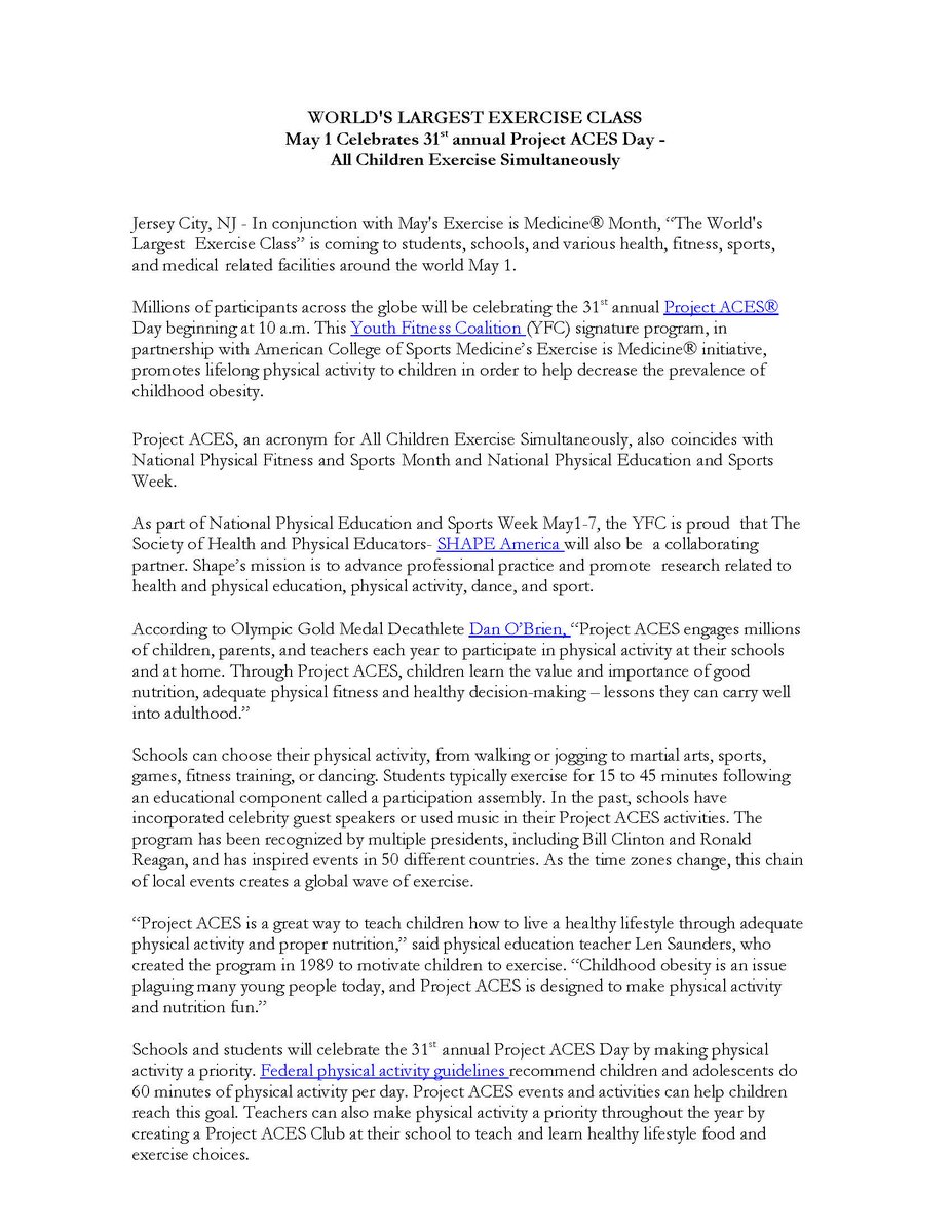 theYFCinc's tweet image. Tomorrow-Wed. May 1 is the 31st annual #ProjectACESDay
a global celebration of fitness &amp;amp; unity.   
Will you be part of the #WorldsLargestExerciseClass?  
A lifetime of fitness begins here. #ALLChildrenExerciseSimultaneously  
@SHAPE_America @ACSMNews @DanOBrien @lensaunders 
1of2