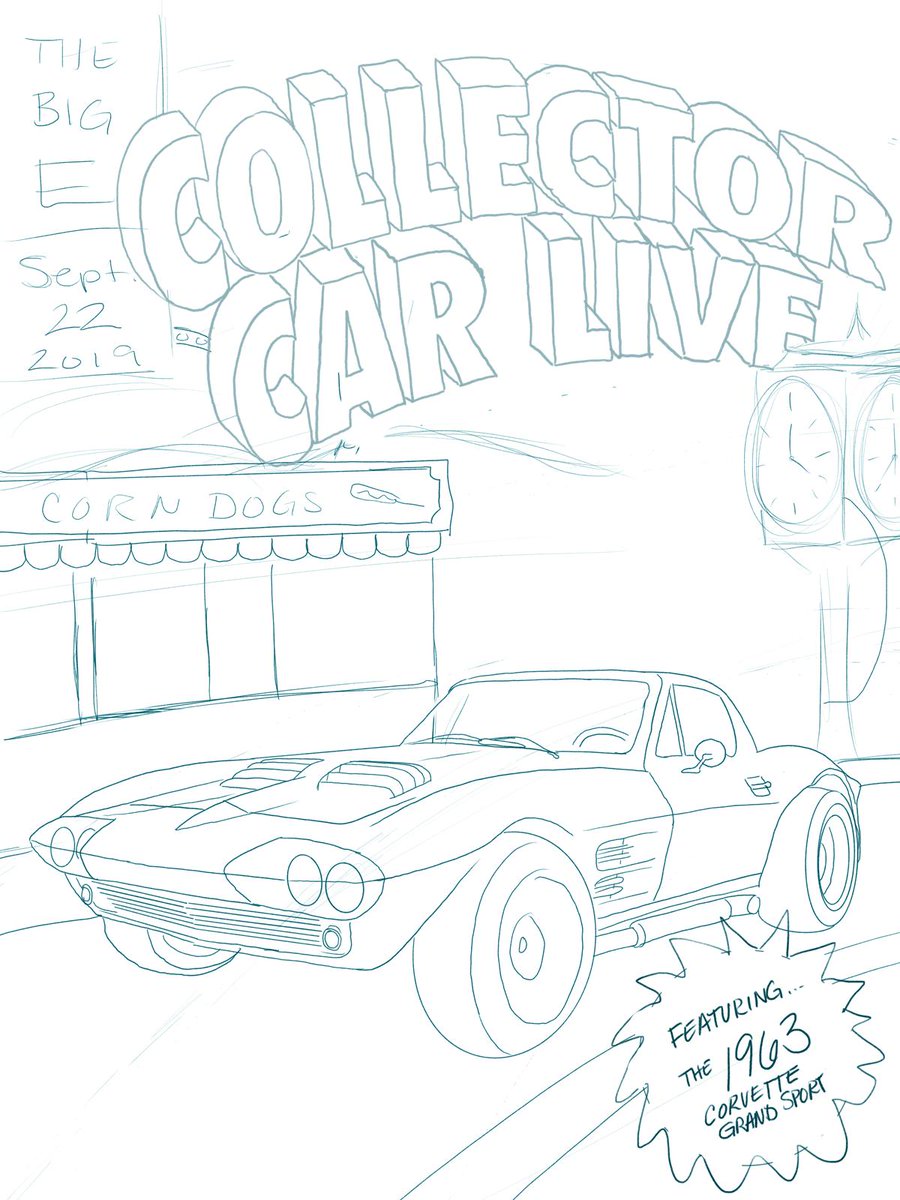 MellowshipEnt's tweet photo. It's shapin' up! A look at the 2019 Collector Car Live commemorative poster art progress for @TheBigEFair. Artwork by Mike Gustafson 🖌️ https://t.co/ckwg5KW4YO