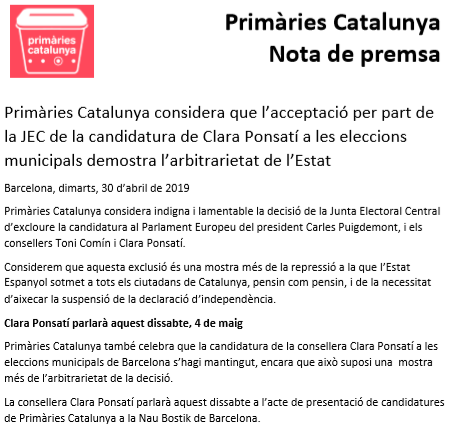 PrimariesCat's tweet photo. 📢 Primàries Catalunya considera que l’acceptació per part de la JEC de la candidatura de Clara Ponsatí a les eleccions municipals demostra l’arbitrarietat de l’Estat. #RecuperaElPoder 👇 https://t.co/xogTRpKmuC