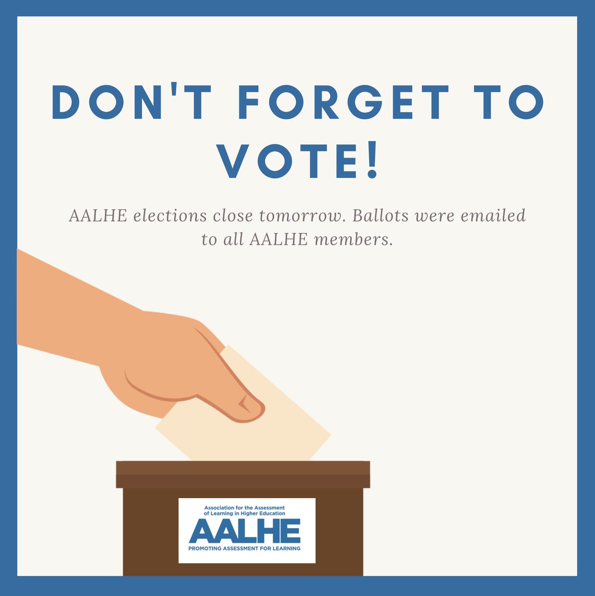 aalheorg's tweet photo. Elections for your new AALHE Board and President close tomorrow. Be sure and vote! The ballot was emailed to all AALHE members.
.
.
.
#aahle #assessment #vote #elections https://t.co/2elSaURbb7
