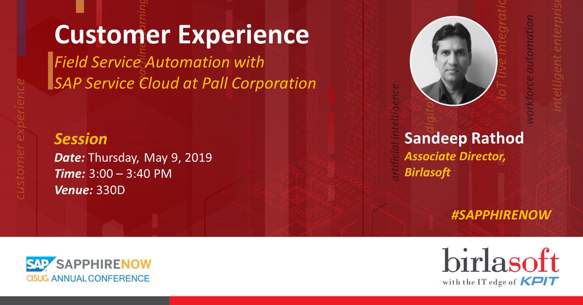 birlasoft's tweet photo. #SAPPHIRENOW 2019 is happening in a week's time | Join us for this customer-led session | Learn how Pall Corporation achieved efficiency and elevated service levels by leveraging SAP Service Cloud solution implemented by Birlasoft. Details in the link. https://t.co/OaQlmH4Oaf https://t.co/oClijpKcv3